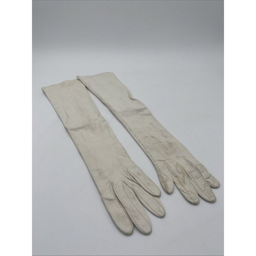 Vintage Womens Saks Fifth Avenue White Leather Long Gloves 7 1/2 Made in France